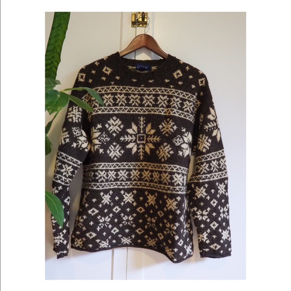 J. Crew Brown and Cream Fair Isle Wool Sweater